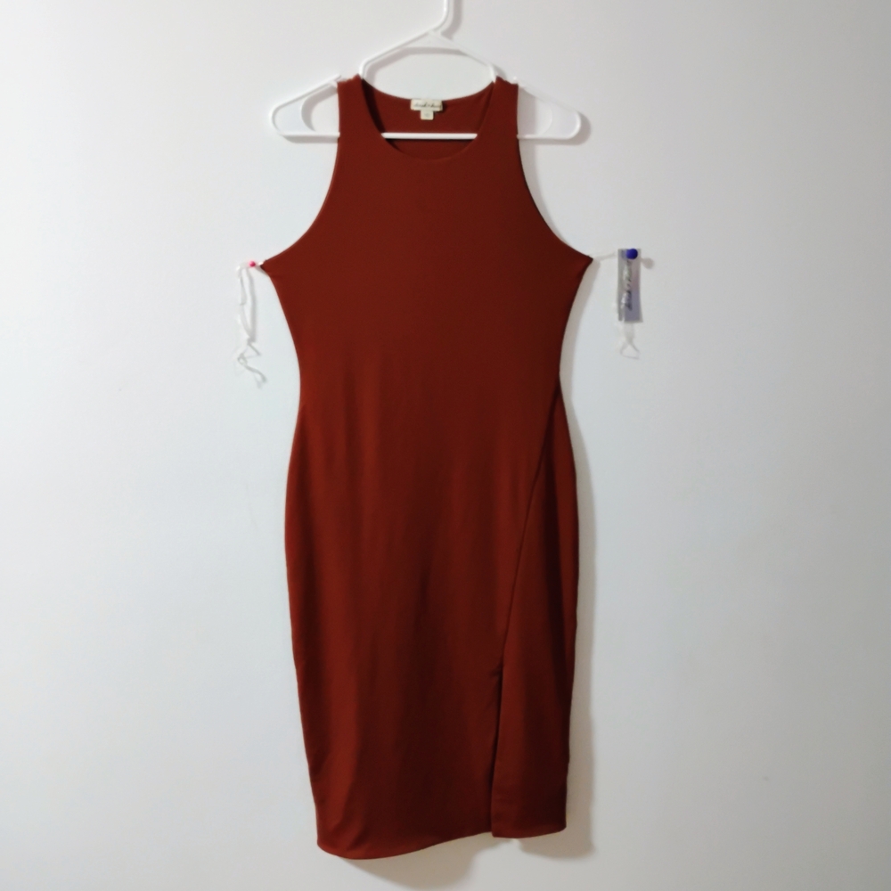 Derek Heart Brown Orange Ribbed Halter Bodycon Midi Dress